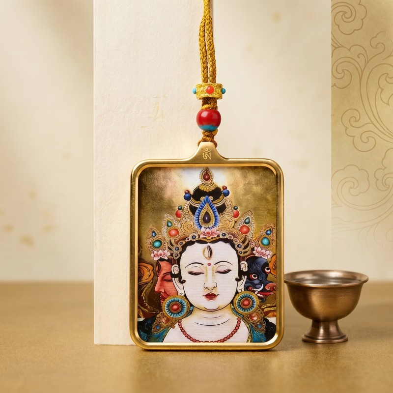 Chenrezig (Avalokiteshvara) Hand-Painted Thangka Pendant | Amulet of Compassion & Divine Guidance thumbnail