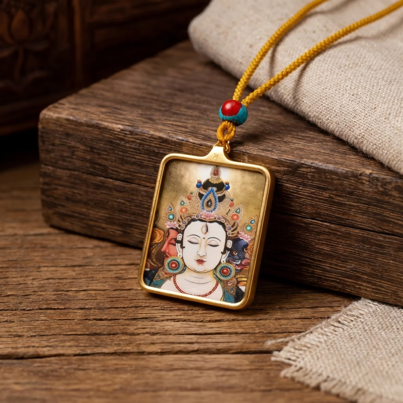 Chenrezig (Avalokiteshvara) Hand-Painted Thangka Pendant | Amulet of Compassion & Divine Guidance thumbnail