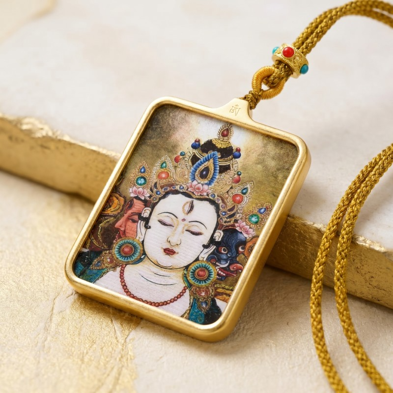 Chenrezig (Avalokiteshvara) Hand-Painted Thangka Pendant | Amulet of Compassion & Divine Guidance thumbnail