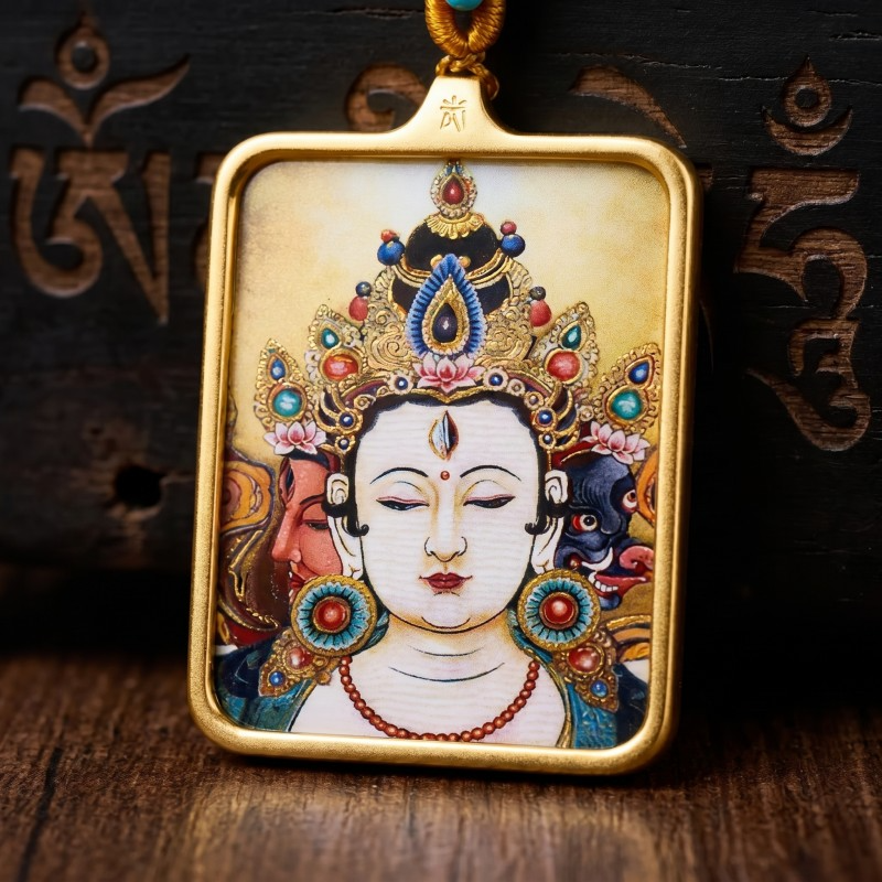 Chenrezig (Avalokiteshvara) Hand-Painted Thangka Pendant | Amulet of Compassion & Divine Guidance thumbnail