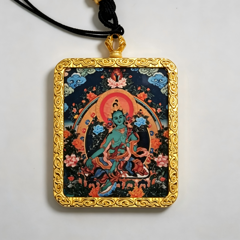 Chenrezig (Four-Armed Avalokiteshvara) Hand-Painted Thangka Pendant | Bodhisattva of Compassion Amulet for Peace & Protection thumbnail