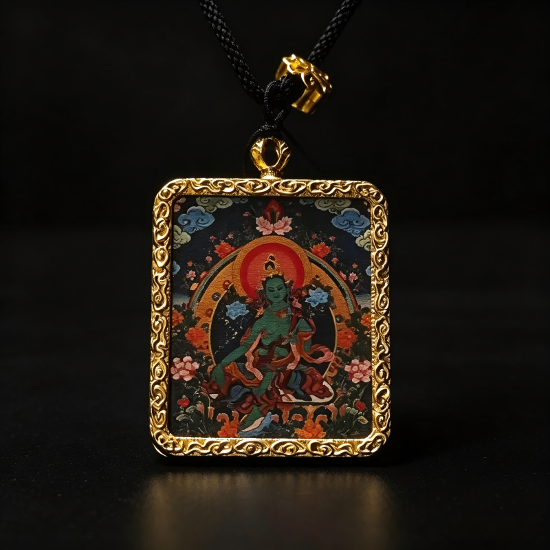 Chenrezig (Four-Armed Avalokiteshvara) Hand-Painted Thangka Pendant | Bodhisattva of Compassion Amulet for Peace & Protection thumbnail
