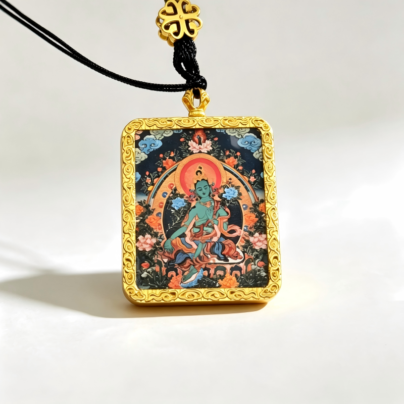 Chenrezig (Four-Armed Avalokiteshvara) Hand-Painted Thangka Pendant | Bodhisattva of Compassion Amulet for Peace & Protection thumbnail
