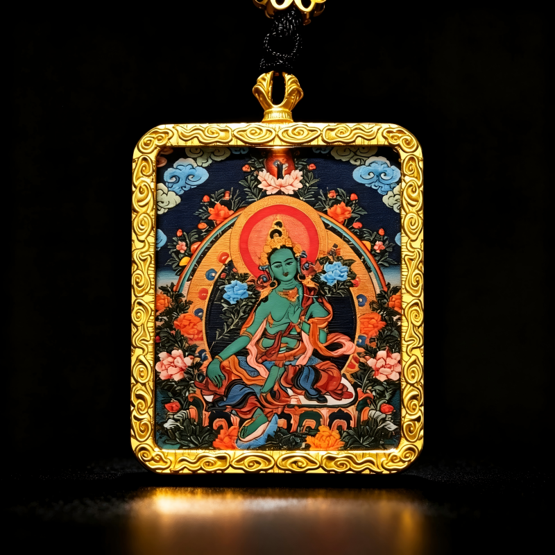 Chenrezig (Four-Armed Avalokiteshvara) Hand-Painted Thangka Pendant | Bodhisattva of Compassion Amulet for Peace & Protection thumbnail