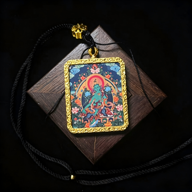 Chenrezig (Four-Armed Avalokiteshvara) Hand-Painted Thangka Pendant | Bodhisattva of Compassion Amulet for Peace & Protection thumbnail