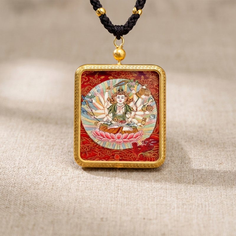 Cundi Bodhisattva Hand-Painted Thangka Pendant | Goddess of 1000 Blessings & Wish-Fulfillment Amulet thumbnail