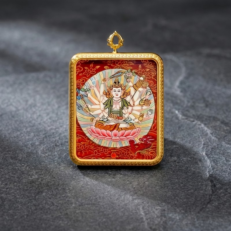 Cundi Bodhisattva Hand-Painted Thangka Pendant | Goddess of 1000 Blessings & Wish-Fulfillment Amulet thumbnail