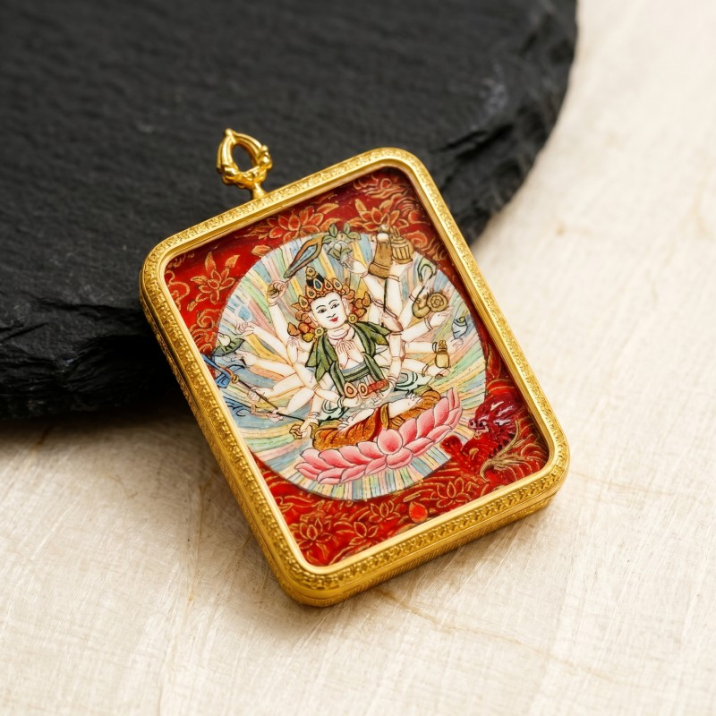 Cundi Bodhisattva Hand-Painted Thangka Pendant | Goddess of 1000 Blessings & Wish-Fulfillment Amulet thumbnail