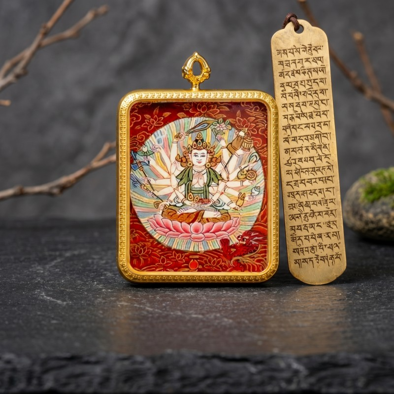 Cundi Bodhisattva Hand-Painted Thangka Pendant | Goddess of 1000 Blessings & Wish-Fulfillment Amulet thumbnail