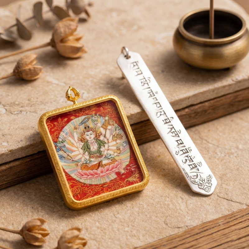 Cundi Bodhisattva Hand-Painted Thangka Pendant | Goddess of 1000 Blessings & Wish-Fulfillment Amulet thumbnail