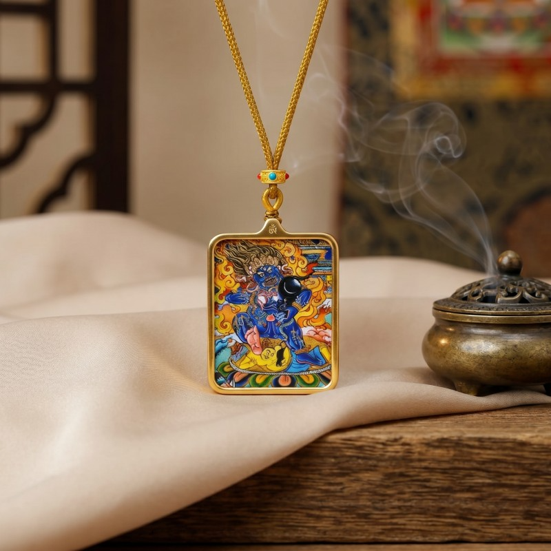 Double-Sided White Jambhala Thangka Pendant with Mantra | God of Wealth & Protection Amulet thumbnail