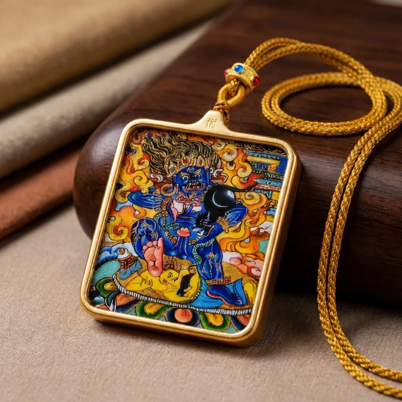 Double-Sided White Jambhala Thangka Pendant with Mantra | God of Wealth & Protection Amulet thumbnail