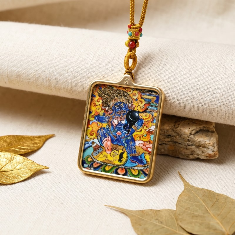 Double-Sided White Jambhala Thangka Pendant with Mantra | God of Wealth & Protection Amulet thumbnail