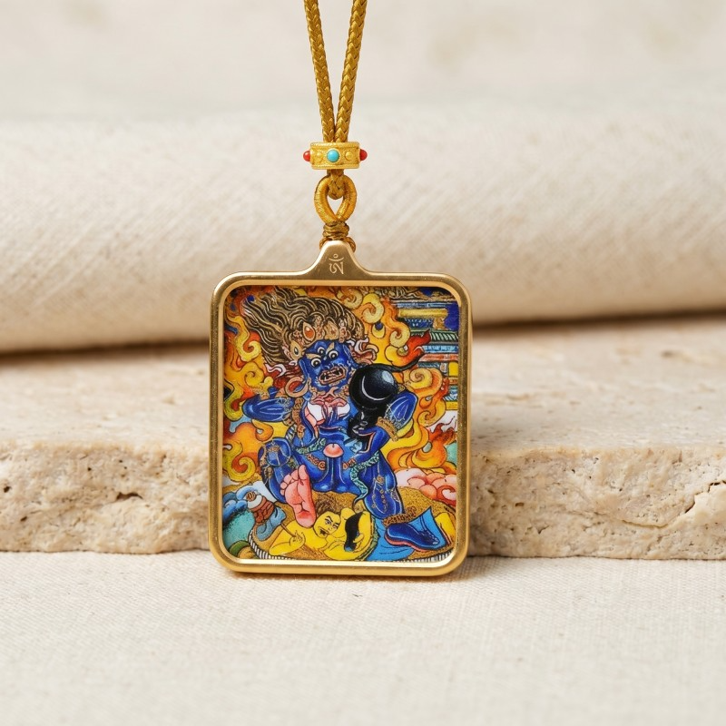 Double-Sided White Jambhala Thangka Pendant with Mantra | God of Wealth & Protection Amulet thumbnail