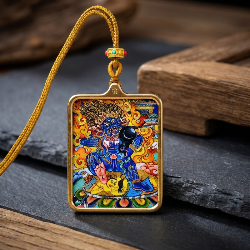 Double-Sided White Jambhala Thangka Pendant with Mantra | God of Wealth & Protection Amulet thumbnail