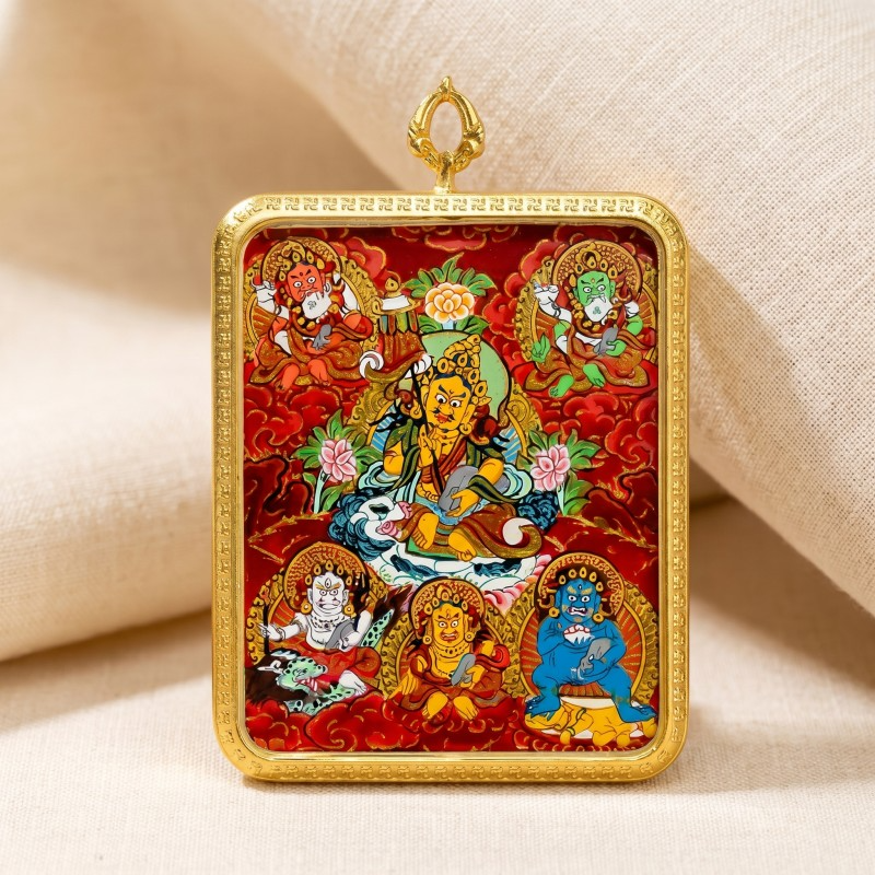 Five Jambhalas (Five Wealth Gods) Hand-Painted Thangka Pendant | Complete Prosperity & Good Fortune Amulet thumbnail