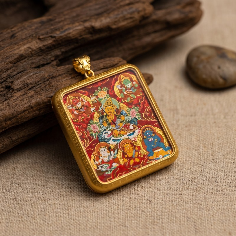 Five Jambhalas (Five Wealth Gods) Hand-Painted Thangka Pendant | Complete Prosperity & Good Fortune Amulet thumbnail