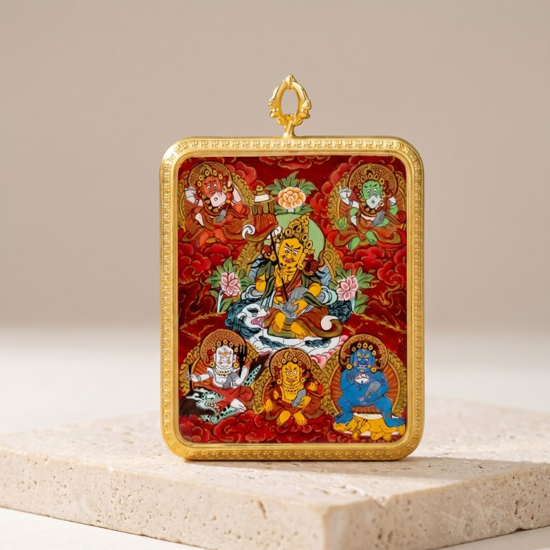 Five Jambhalas (Five Wealth Gods) Hand-Painted Thangka Pendant | Complete Prosperity & Good Fortune Amulet thumbnail