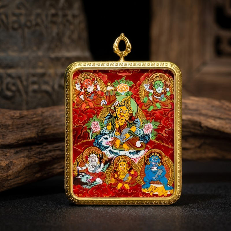 Five Jambhalas (Five Wealth Gods) Hand-Painted Thangka Pendant | Complete Prosperity & Good Fortune Amulet thumbnail