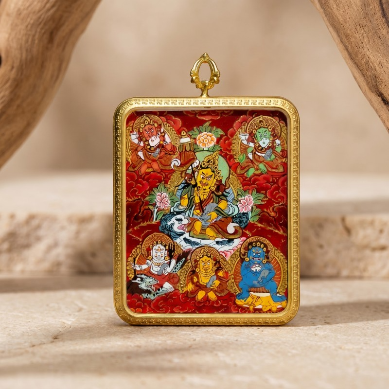 Five Jambhalas (Five Wealth Gods) Hand-Painted Thangka Pendant | Complete Prosperity & Good Fortune Amulet thumbnail
