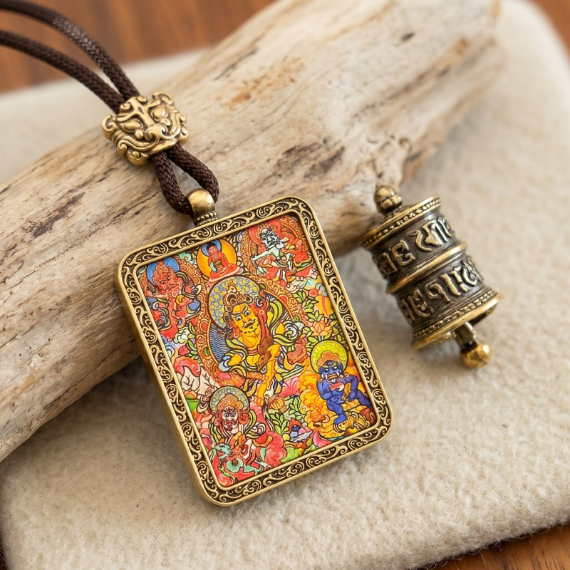 Five Jambhalas Hand-Painted Thangka Pendant | Complete Wealth & Prosperity Amulet thumbnail