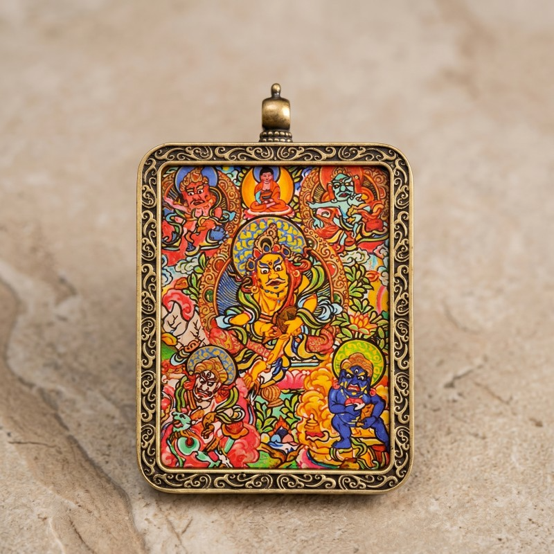Five Jambhalas Hand-Painted Thangka Pendant | Complete Wealth & Prosperity Amulet thumbnail