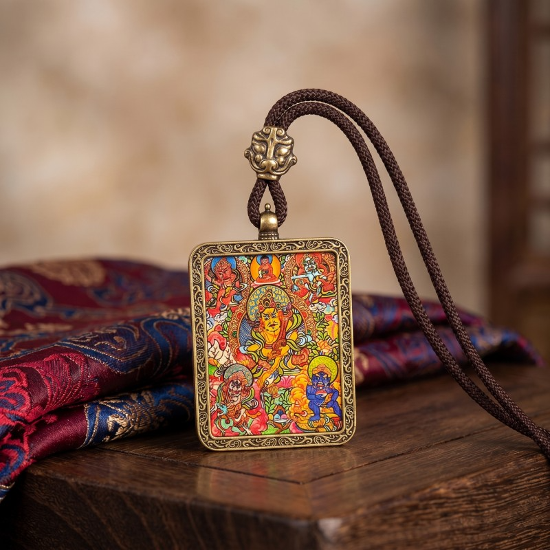 Five Jambhalas Hand-Painted Thangka Pendant | Complete Wealth & Prosperity Amulet thumbnail