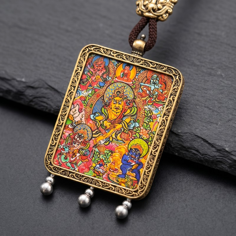 Five Jambhalas Hand-Painted Thangka Pendant | Complete Wealth & Prosperity Amulet thumbnail