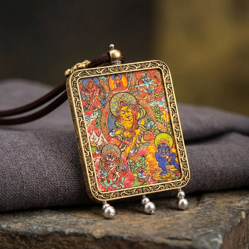 Five Jambhalas Hand-Painted Thangka Pendant | Complete Wealth & Prosperity Amulet thumbnail