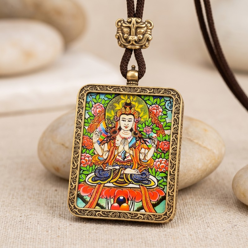 Four-Armed Avalokiteshvara Hand-Painted Thangka Pendant | Bodhisattva of Compassion & Protection Amulet thumbnail