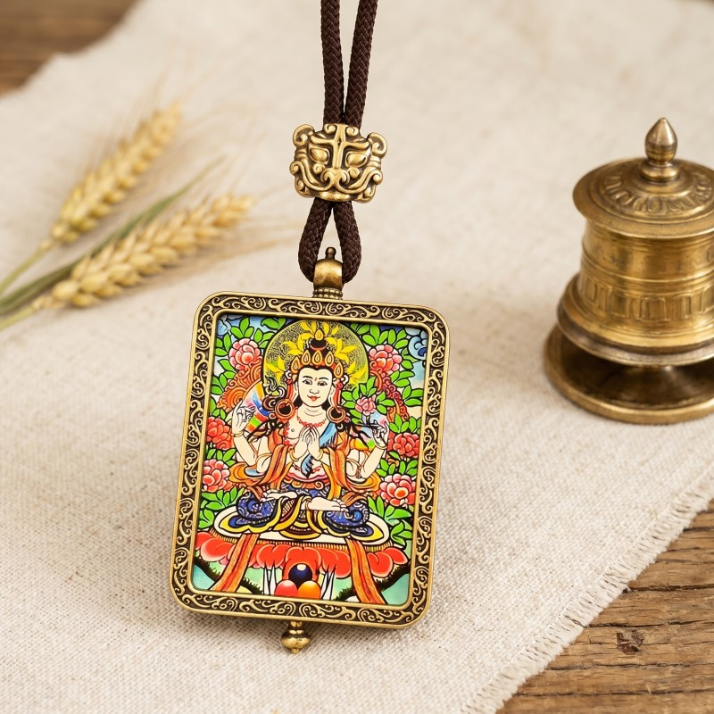 Four-Armed Avalokiteshvara Hand-Painted Thangka Pendant | Bodhisattva of Compassion & Protection Amulet thumbnail