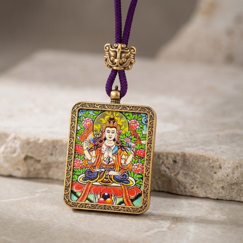 Four-Armed Avalokiteshvara Hand-Painted Thangka Pendant | Bodhisattva of Compassion & Protection Amulet thumbnail