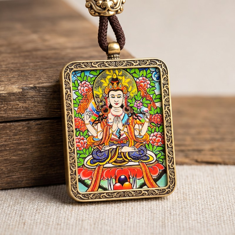 Four-Armed Avalokiteshvara Hand-Painted Thangka Pendant | Bodhisattva of Compassion & Protection Amulet thumbnail