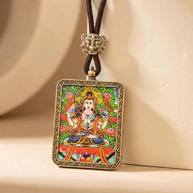 Four-Armed Avalokiteshvara Hand-Painted Thangka Pendant | Bodhisattva of Compassion & Protection Amulet thumbnail