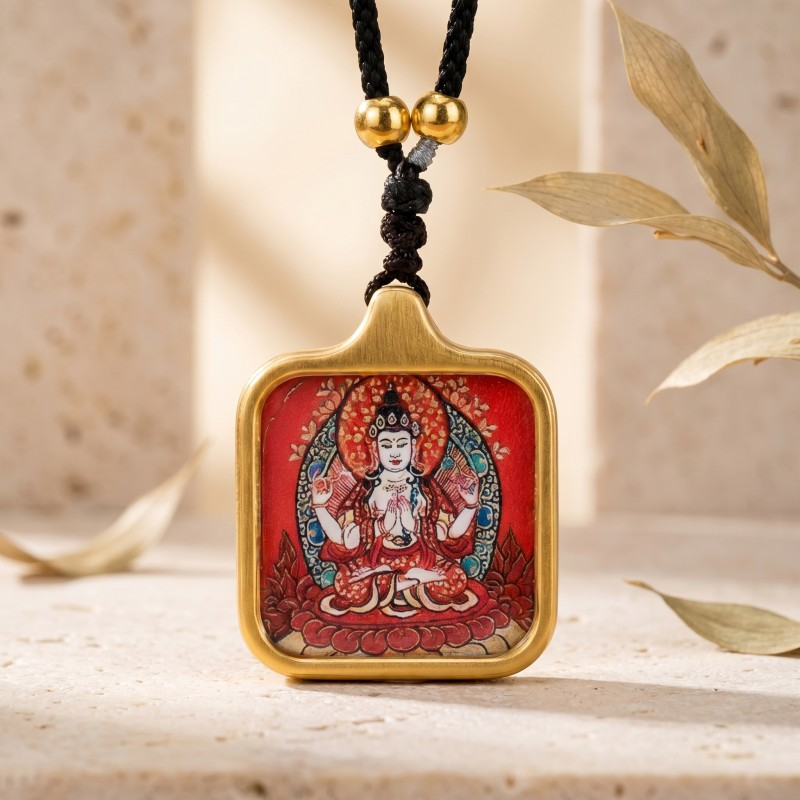 Four-Armed Chenrezig (Avalokiteshvara) Hand-Painted Thangka Pendant | Amulet of Universal Compassion & Protection thumbnail