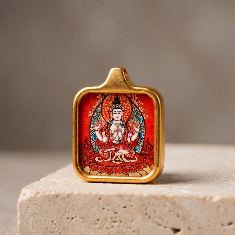 Four-Armed Chenrezig (Avalokiteshvara) Hand-Painted Thangka Pendant | Amulet of Universal Compassion & Protection thumbnail
