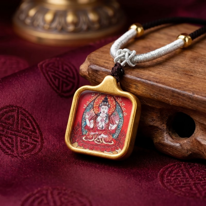 Four-Armed Chenrezig (Avalokiteshvara) Hand-Painted Thangka Pendant | Amulet of Universal Compassion & Protection thumbnail