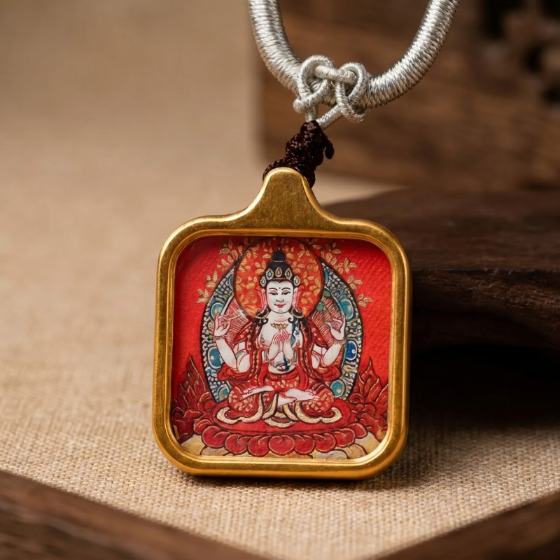 Four-Armed Chenrezig (Avalokiteshvara) Hand-Painted Thangka Pendant | Amulet of Universal Compassion & Protection thumbnail