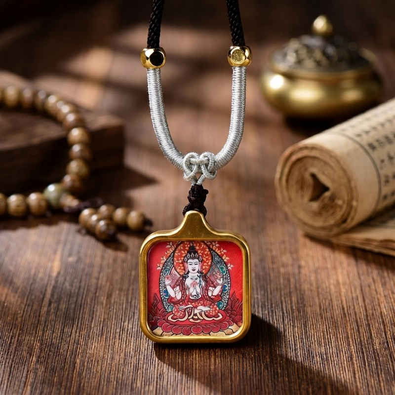 Four-Armed Chenrezig (Avalokiteshvara) Hand-Painted Thangka Pendant | Amulet of Universal Compassion & Protection thumbnail