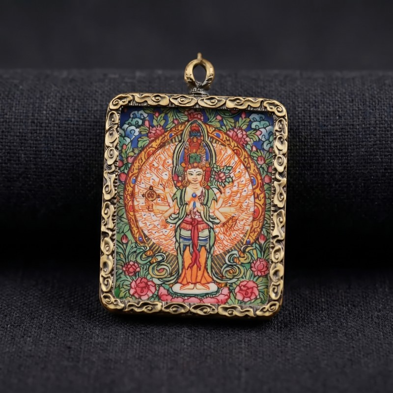 Four-Armed Chenrezig (Avalokiteshvara) Hand-Painted Thangka Pendant | Bodhisattva of Compassion & Universal Love Amulet thumbnail