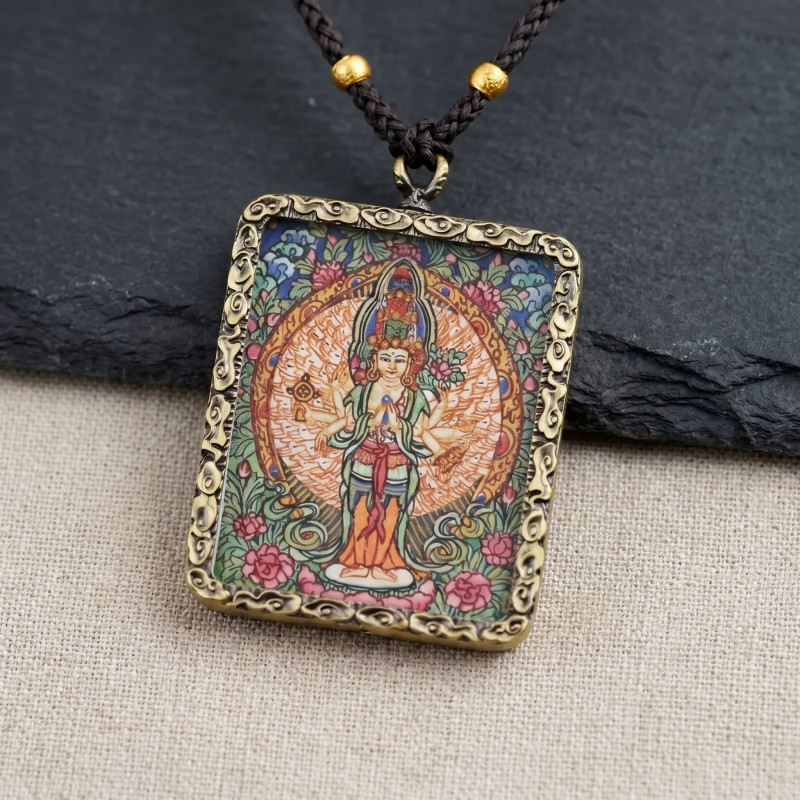 Four-Armed Chenrezig (Avalokiteshvara) Hand-Painted Thangka Pendant | Bodhisattva of Compassion & Universal Love Amulet thumbnail