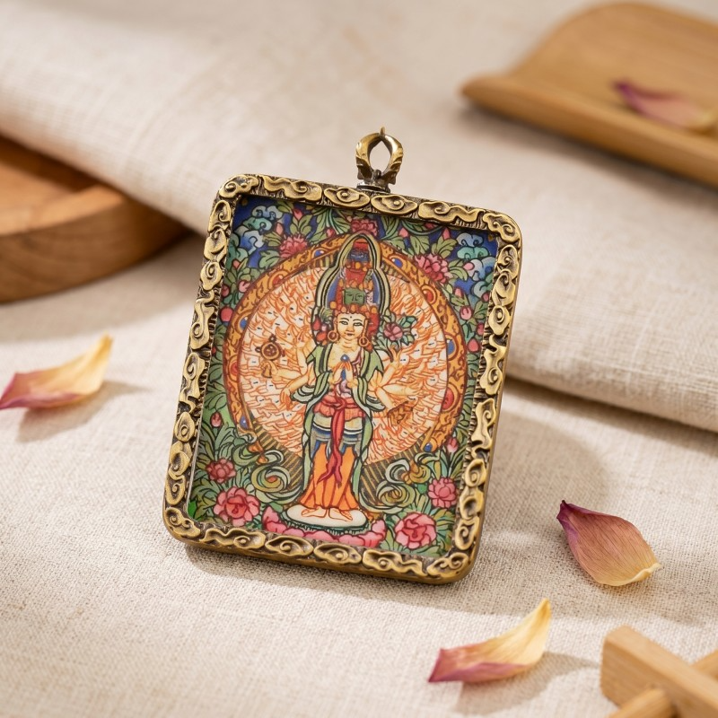 Four-Armed Chenrezig (Avalokiteshvara) Hand-Painted Thangka Pendant | Bodhisattva of Compassion & Universal Love Amulet thumbnail