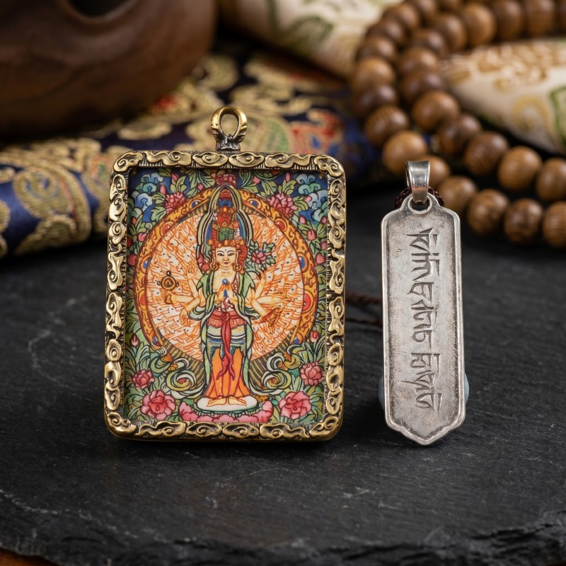 Four-Armed Chenrezig (Avalokiteshvara) Hand-Painted Thangka Pendant | Bodhisattva of Compassion & Universal Love Amulet thumbnail