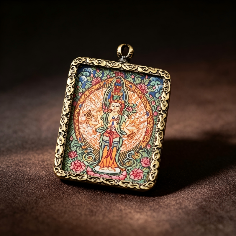 Four-Armed Chenrezig (Avalokiteshvara) Hand-Painted Thangka Pendant | Bodhisattva of Compassion & Universal Love Amulet thumbnail