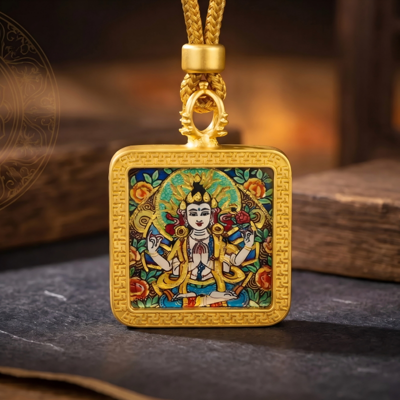 Four-Armed Chenrezig Hand-Painted Thangka Pendant | Bodhisattva of Compassion Amulet for Protection & Peace thumbnail