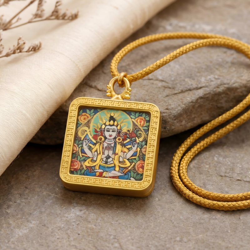 Four-Armed Chenrezig Hand-Painted Thangka Pendant | Bodhisattva of Compassion Amulet for Protection & Peace thumbnail