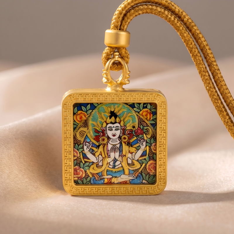 Four-Armed Chenrezig Hand-Painted Thangka Pendant | Bodhisattva of Compassion Amulet for Protection & Peace thumbnail