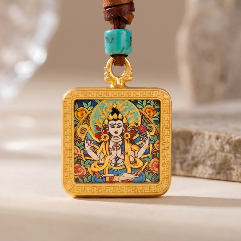 Four-Armed Chenrezig Hand-Painted Thangka Pendant | Bodhisattva of Compassion Amulet for Protection & Peace thumbnail