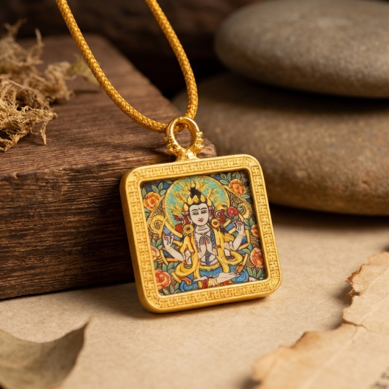 Four-Armed Chenrezig Hand-Painted Thangka Pendant | Bodhisattva of Compassion Amulet for Protection & Peace thumbnail