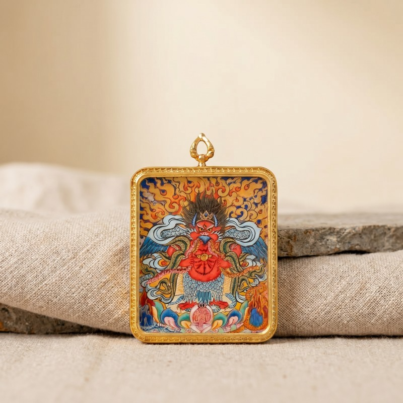 Garuda (Golden-Winged Bird) Hand-Painted Thangka Pendant | Protector Against Harm & Negative Energies Amulet thumbnail